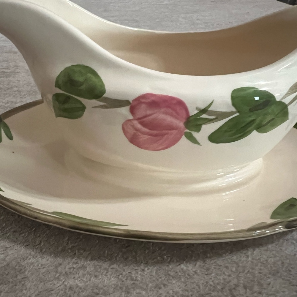 Franciscan Cream Gravy Boat with Pink and Green Floral with attached plate - Picture 2 of 3